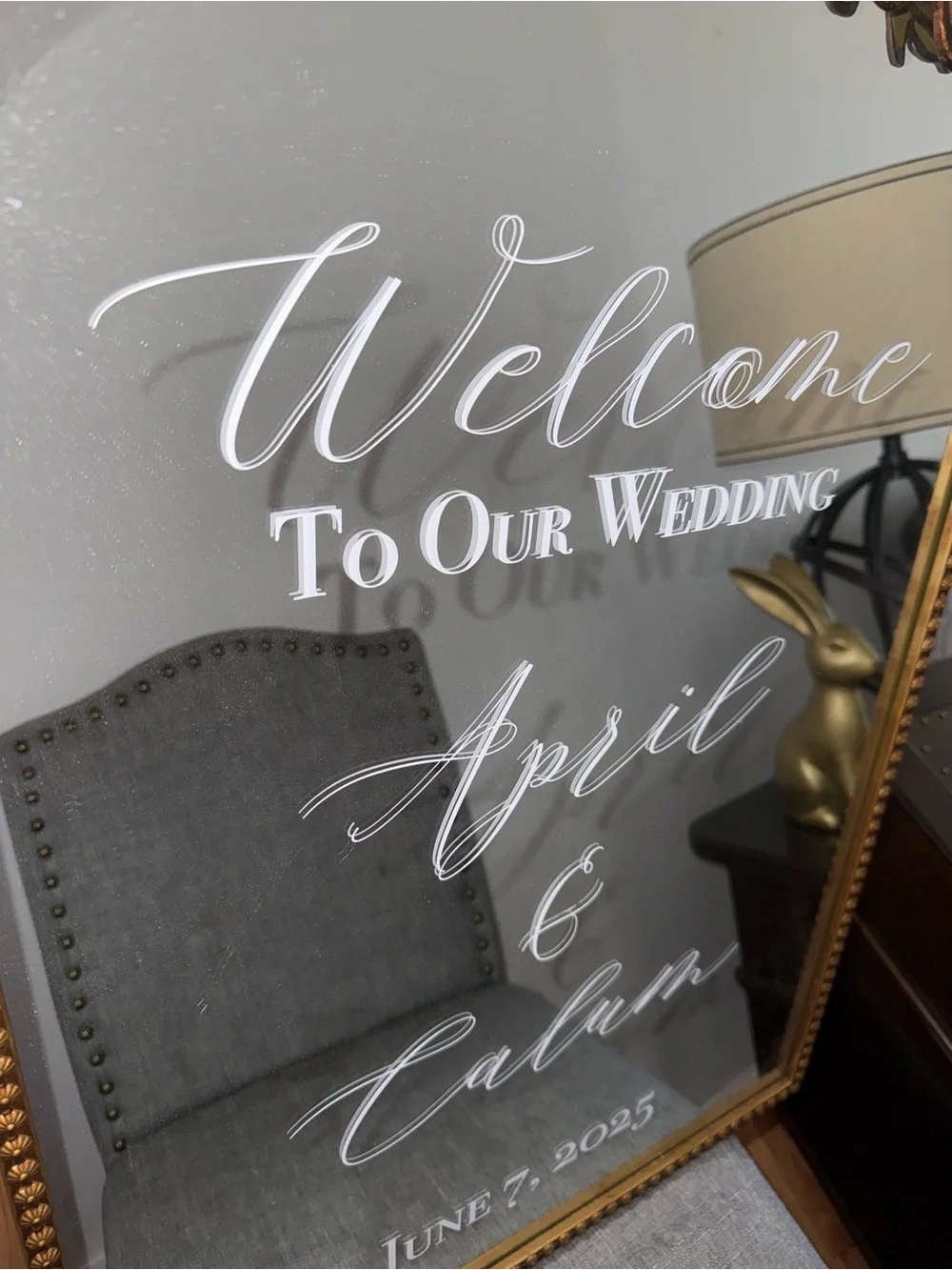 Gold Ornate Framed Wedding Welcome Mirror - Personalized White Script